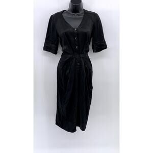 JODI ARNOLD Women's Black Silk Belted Elbow Sleeve Button-Up V-Neck Dress SZ 2